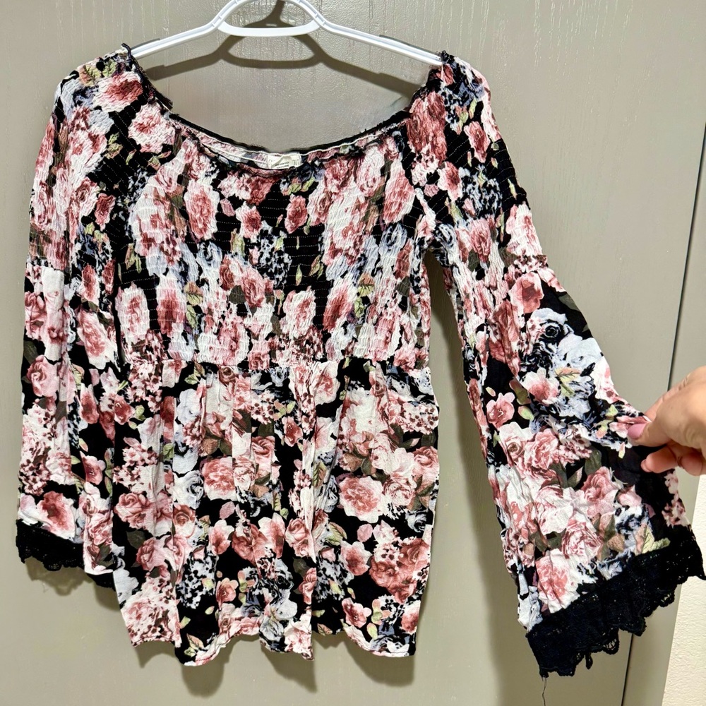 Chic Floral Smocked Blouse - Black and Pink